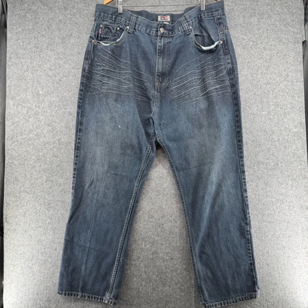 Phat Farm Denim Jeans Mens 39 x 30 Blue Vintage Graphic Back Pocket Whiskered